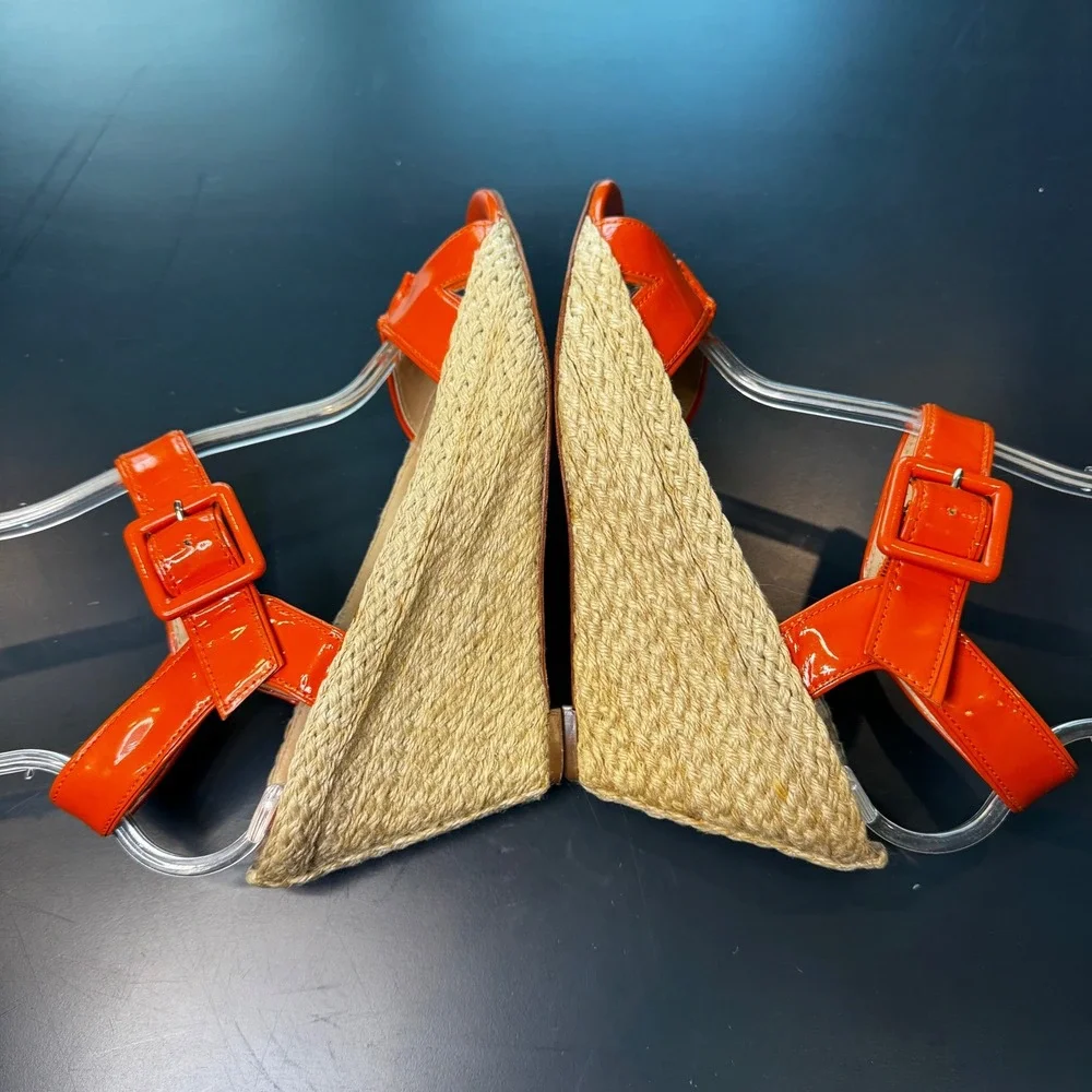 Diane von Furstenberg Women 9 M Orange Patent Leather Espadrille Wedge Sandals